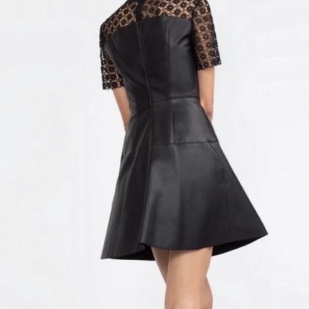 Zara Black Faux Leather Mini Dress with Lace Yoke. Sz 6 - Picture 2 of 4